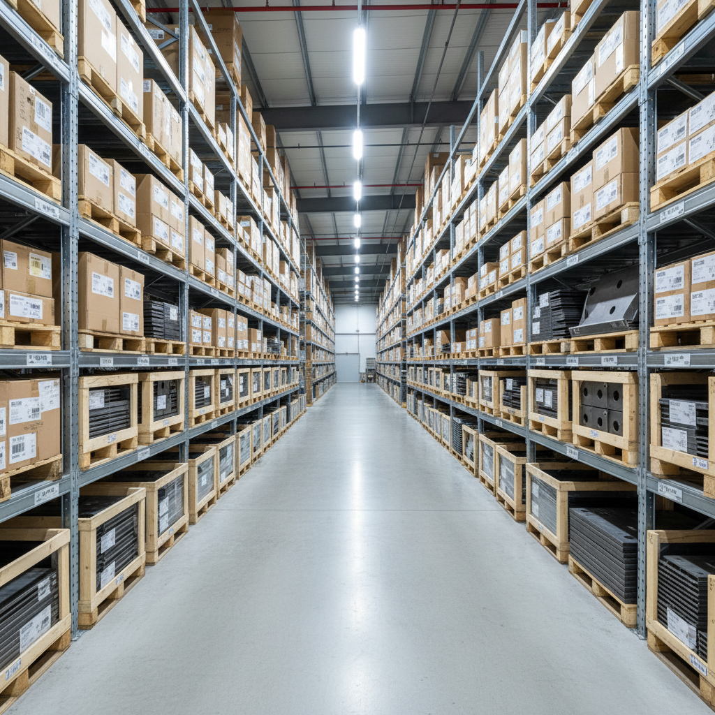 A wide-angle photographic view of an orderly warehouse aisle filled with metal racks loaded with labeled boxes and pallets of anchor plates in various standardized sizes. The steel plates, partially visible in open crates, show regular hole patterns and polished edges. The smooth concrete floor reflects subtle highlights from cool white LED ceiling lights, creating a bright, efficient atmosphere. The camera is positioned at standing height in the center of the aisle, using a deep depth of field so that shelving, structural beams, and stacked inventory remain sharply in focus. The overall mood is professional, clean, and trustworthy, emphasizing large stock capacity and readiness for immediate delivery while maintaining a minimalist, modern industrial aesthetic.