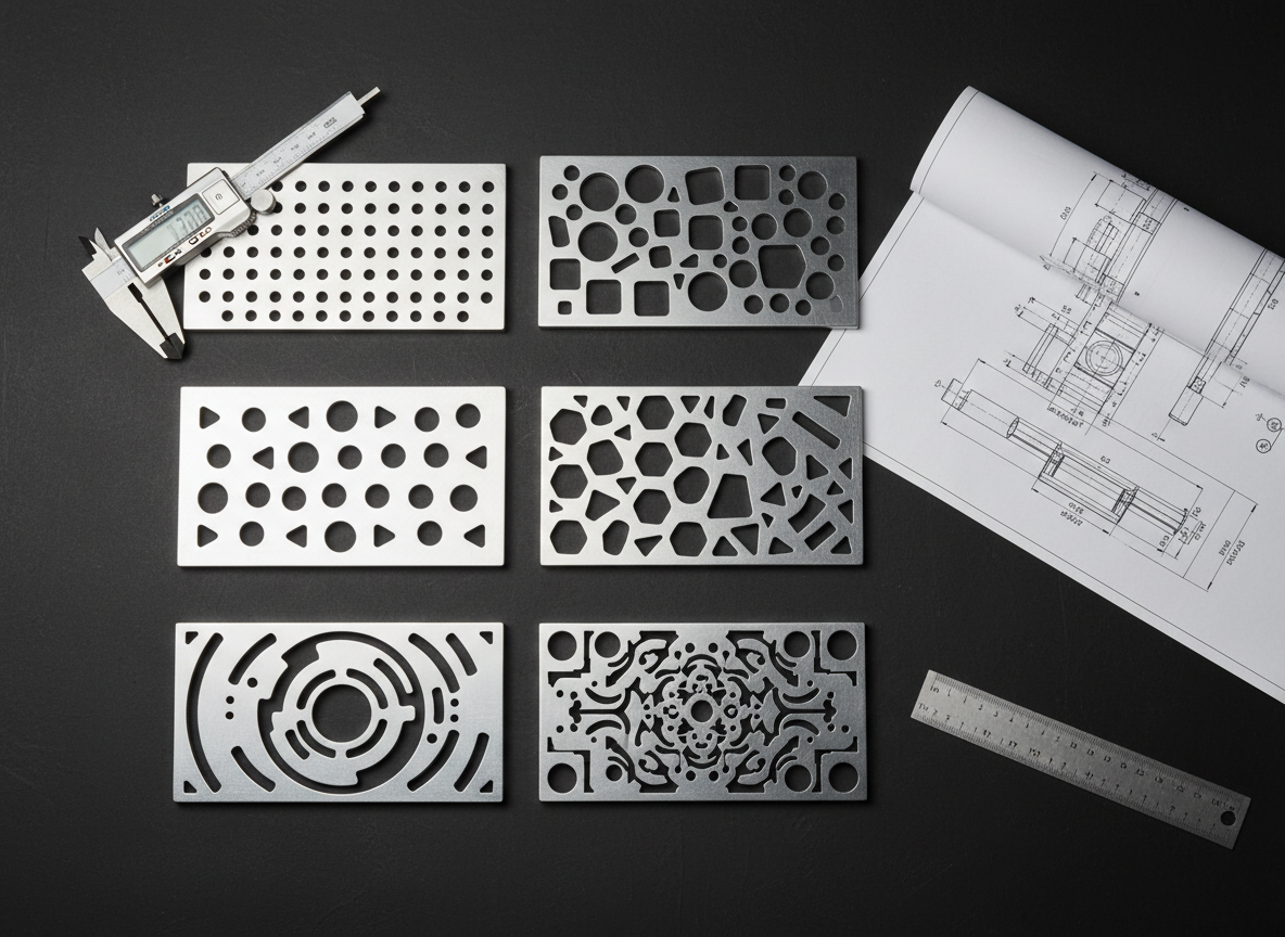 A top-down photographic composition of multiple custom-perforated anchor plates laid out on a dark matte work surface, each plate with different hole diameters, patterns, and geometries to represent tailored fabrication. Fine measurement tools such as a digital caliper, steel ruler, and technical drawings are arranged neatly around the plates without any human presence. Soft, diffused studio lighting from above minimizes harsh reflections on the metal and creates subtle gradients across the surfaces, highlighting precision machining marks. The composition uses a balanced, grid-like layout with sharp focus throughout, evoking engineering accuracy, customization capability, and meticulous quality control for a high-end industrial brand website.