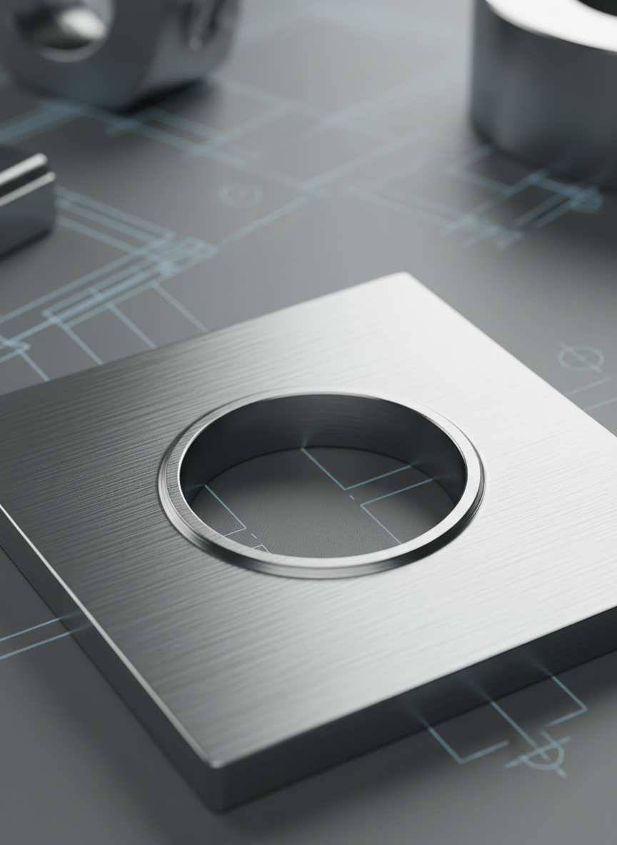 A photographic macro shot of the edge of a precision-cut steel anchor plate, focusing on the perfectly smooth, deburred contour of a circular hole and the finely machined surface texture. The plate rests on a neutral gray technical surface, with a blurred background suggesting additional metal components and soft blueprint lines. Controlled studio lighting from two sides produces clean, bright highlights along the edge and a gentle shadow within the hole, revealing exact tolerances and high-quality finishing. The composition uses extreme close-up framing with a shallow depth of field, creating a technical yet elegant mood that communicates engineering precision, rigorous quality assurance, and advanced fabrication processes.