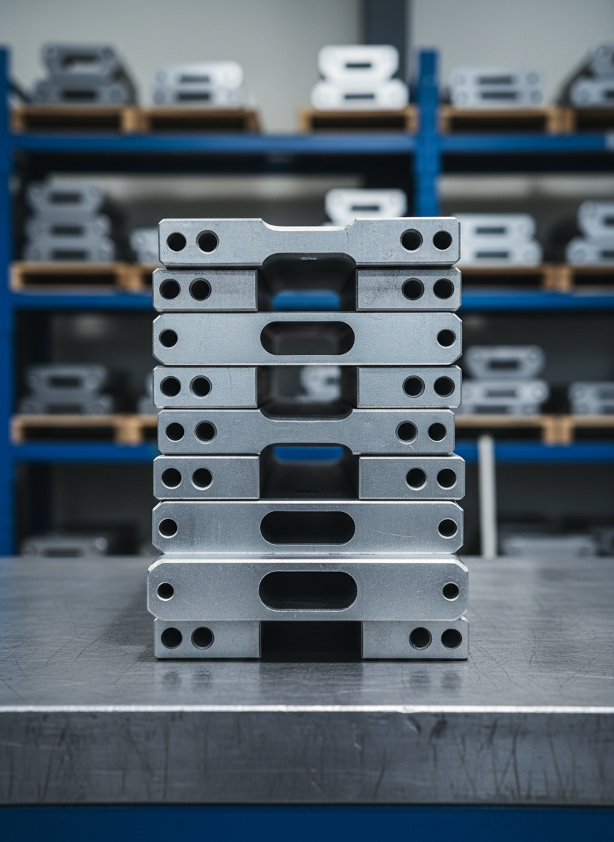 A close-up photographic image of a stack of heavy steel anchor plates neatly arranged on a clean industrial workbench. Each plate shows precisely laser-cut circular and oval perforations, chamfered edges, and a smooth, shot-blasted surface with a uniform metallic gray tone. In the background, slightly out of focus, rows of organized shelving with more plated components suggest abundant stock. Cool, diffused overhead factory lighting creates crisp reflections along the edges and soft shadows beneath the plates. Shot at eye level with a shallow depth of field, the composition is centered and symmetrical, conveying precision, reliability, and professional manufacturing quality suitable for a corporate website hero image about anchor plate production and immediate availability.
