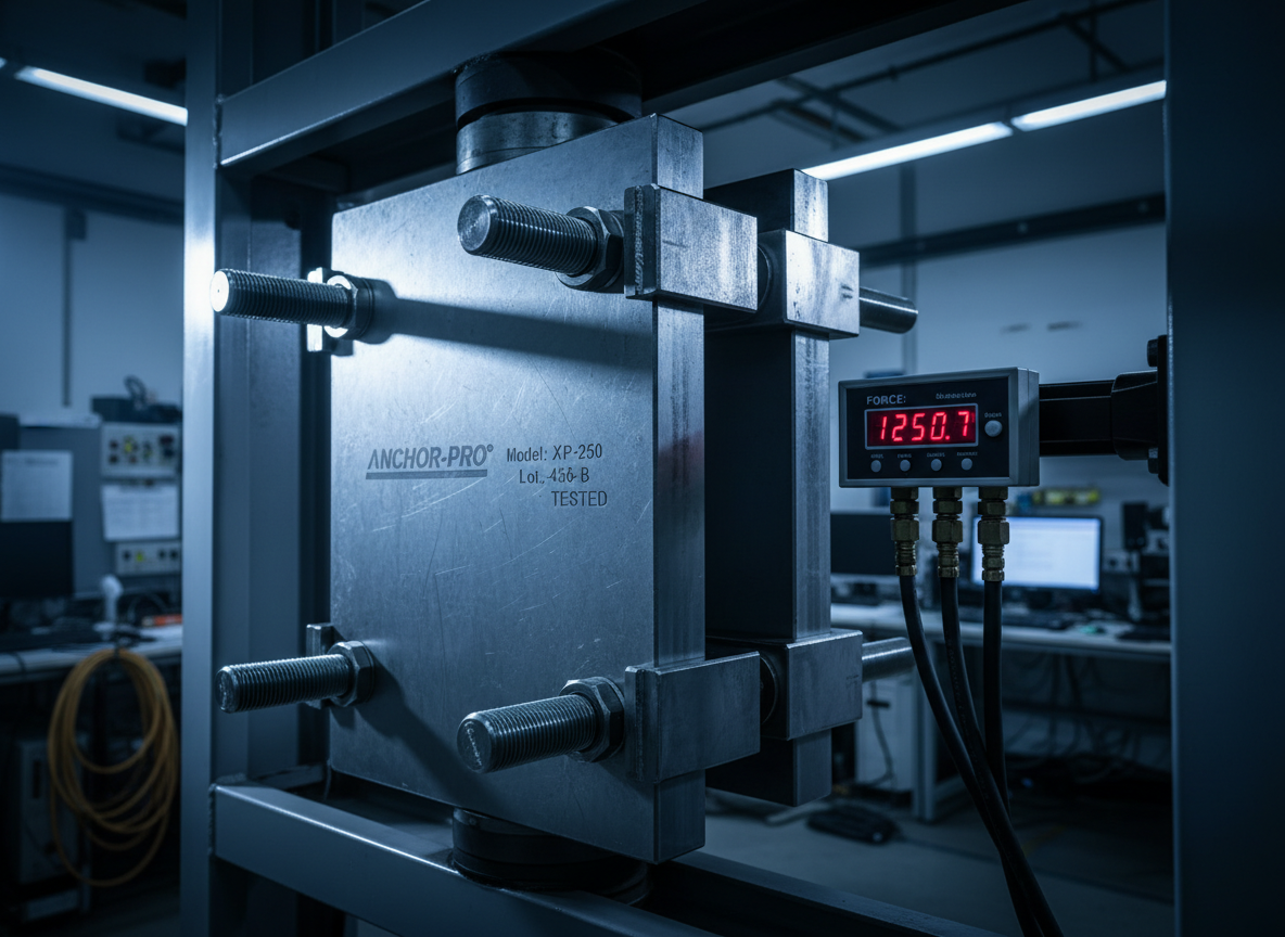 A dramatic photographic image of a heavy-duty anchor plate being load-tested in a controlled laboratory setup. The thick steel plate is securely clamped into a hydraulic testing frame, with visible high-strength bolts and a digital gauge display showing precise force readings. The steel surface has a brushed finish with engraved identification markings for traceability. Cool, directional overhead lighting and a focused side light create defined highlights on the metal and emphasize the robust geometry of the testing rig, while the background lab equipment remains slightly blurred. Shot at a three-quarter angle with a technical, clinical mood, the scene communicates rigorous certification, safety assurance, and professional engineering validation for anchoring solutions.