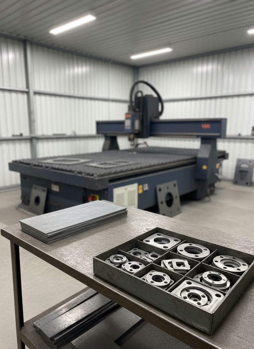 A photographic interior shot of a compact but highly organized metal fabrication area dedicated to anchor plate production. In the foreground, a robust worktable holds neatly stacked raw steel blanks and a tray of finished anchor plates with various pre-cut hole patterns. Behind them, in intentional soft focus, a CNC plasma or laser cutting machine stands idle, with sparks residue and clean, geometric offcuts hinting at recent work. Bright, neutral overhead lighting ensures every surface is clearly visible, while the concrete floor and metal walls contribute to a modern industrial aesthetic. Captured at eye level with a moderate depth of field, the mood is efficient, precise, and trustworthy, underscoring advanced manufacturing technology and consistent quality.