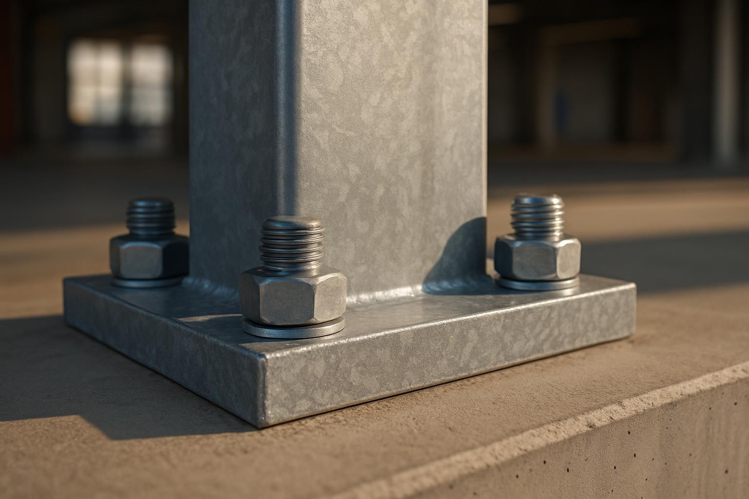 A detailed close-up photographic image of a single thick galvanized steel anchor plate installed at the base of a structural steel column, firmly bolted to a smooth concrete foundation. The plate’s surface shows its protective zinc coating, with a slightly textured, silvery finish and clearly visible, high-strength anchor bolts and nuts. Natural late-afternoon light enters from the side, casting defined but soft shadows that emphasize the depth of the bolts and the crispness of the plate’s edges. The background is gently blurred, hinting at an industrial or commercial building interior with other structural elements. Shot from a low angle, the mood is solid, secure, and highly professional, illustrating the real-world application of high-quality anchor plates.
